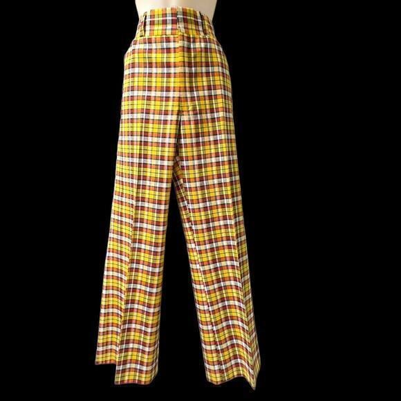 Vintage 1970s Philip Wolfe Yellow Rainbow Plaid High Waisted Trousers Golf Pants - Picture 1 of 16